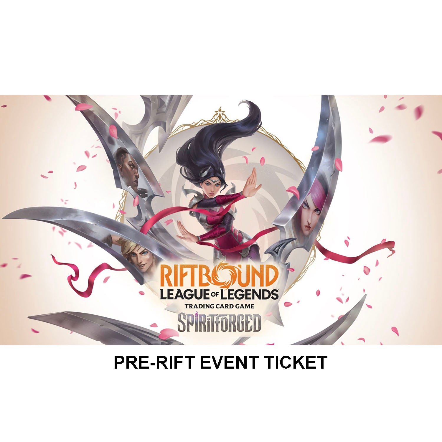Promotional graphic for 'Riftbound: League of Legends' with character and event ticket text.