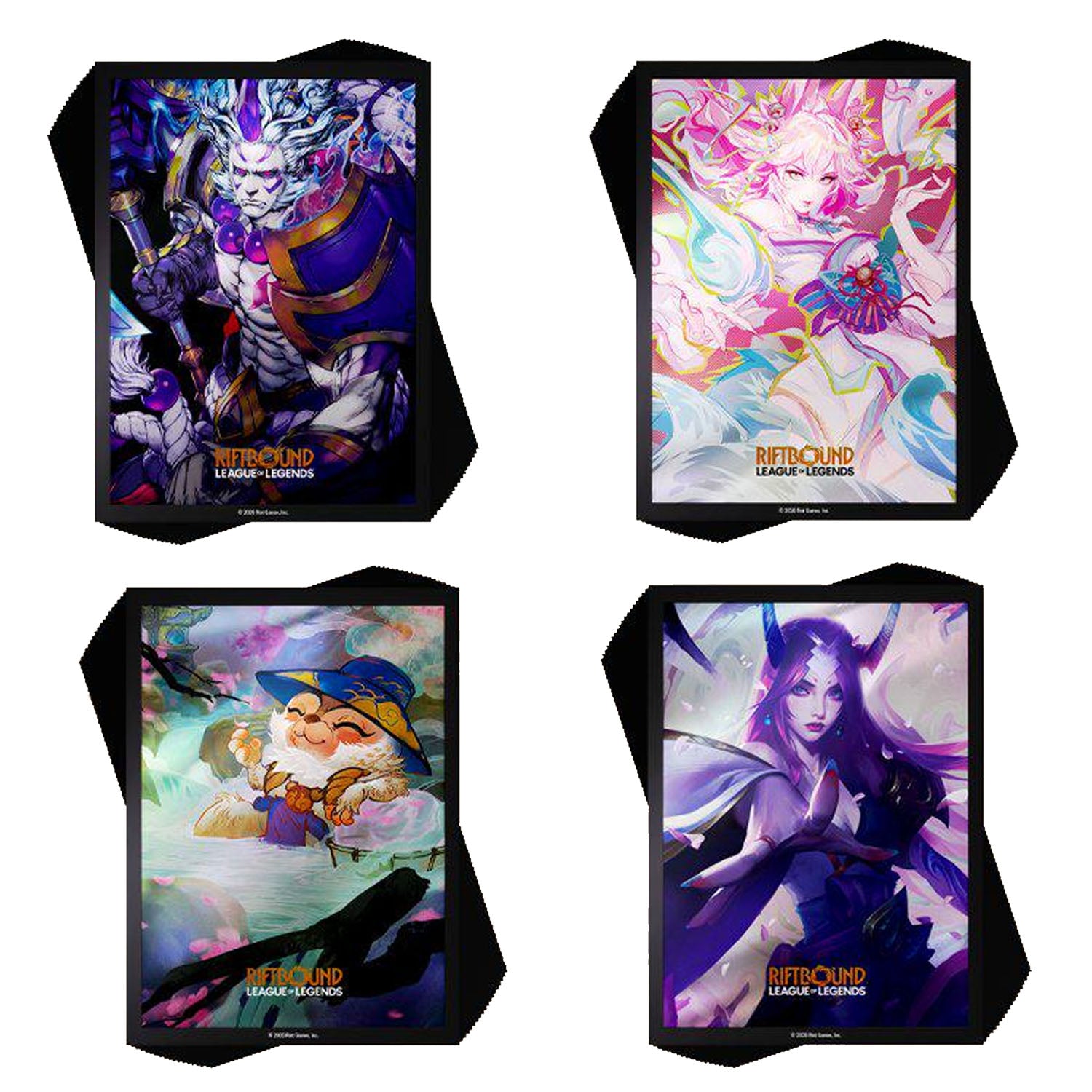 Four colorful card sleeves with character designs from League of Legends on a white background.