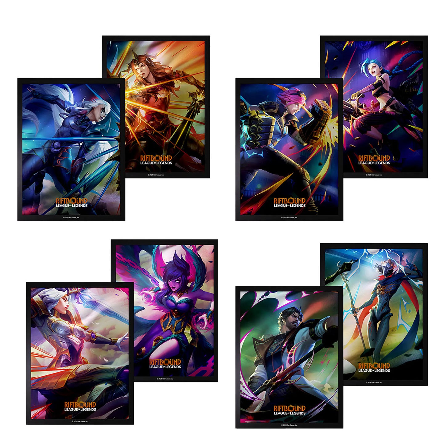 Set of card sleeves featuring vs character art from the trading card game, Riftbound. 