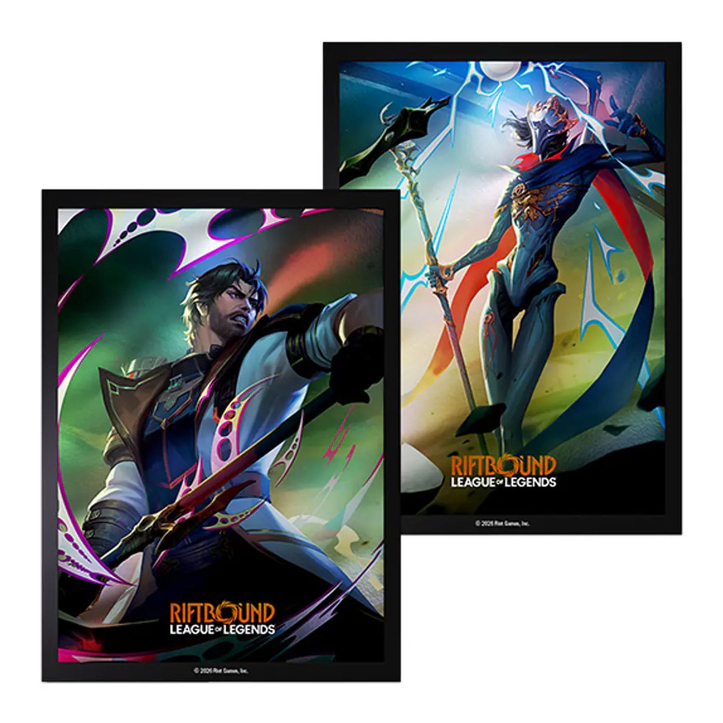 Two framed Riftbound League of Legends art prints featuring stylized character illustrations on a white background.