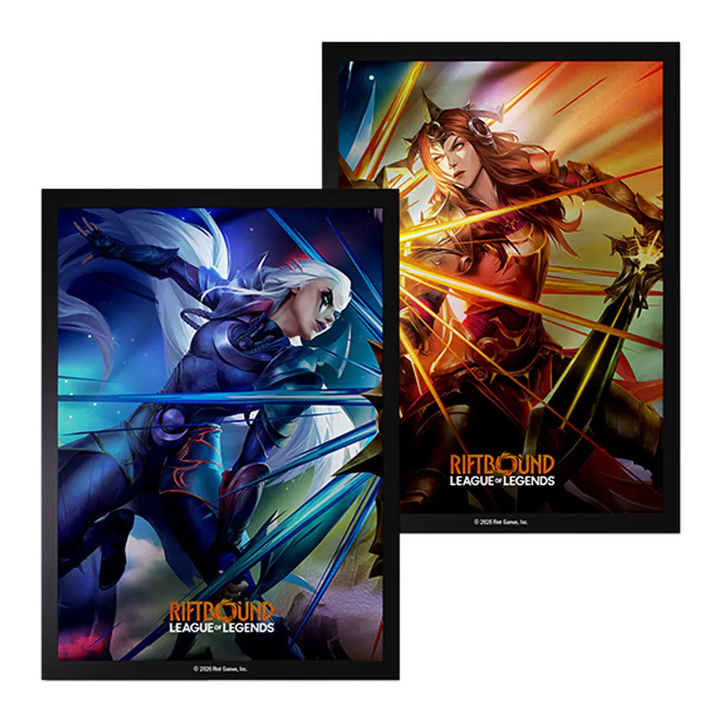 Two framed League of Legends art prints overlapping on a white background. The left print shows a blue-skinned female warrior with white hair, and the right print shows a red-skinned female warrior with glowing orange energy effects.