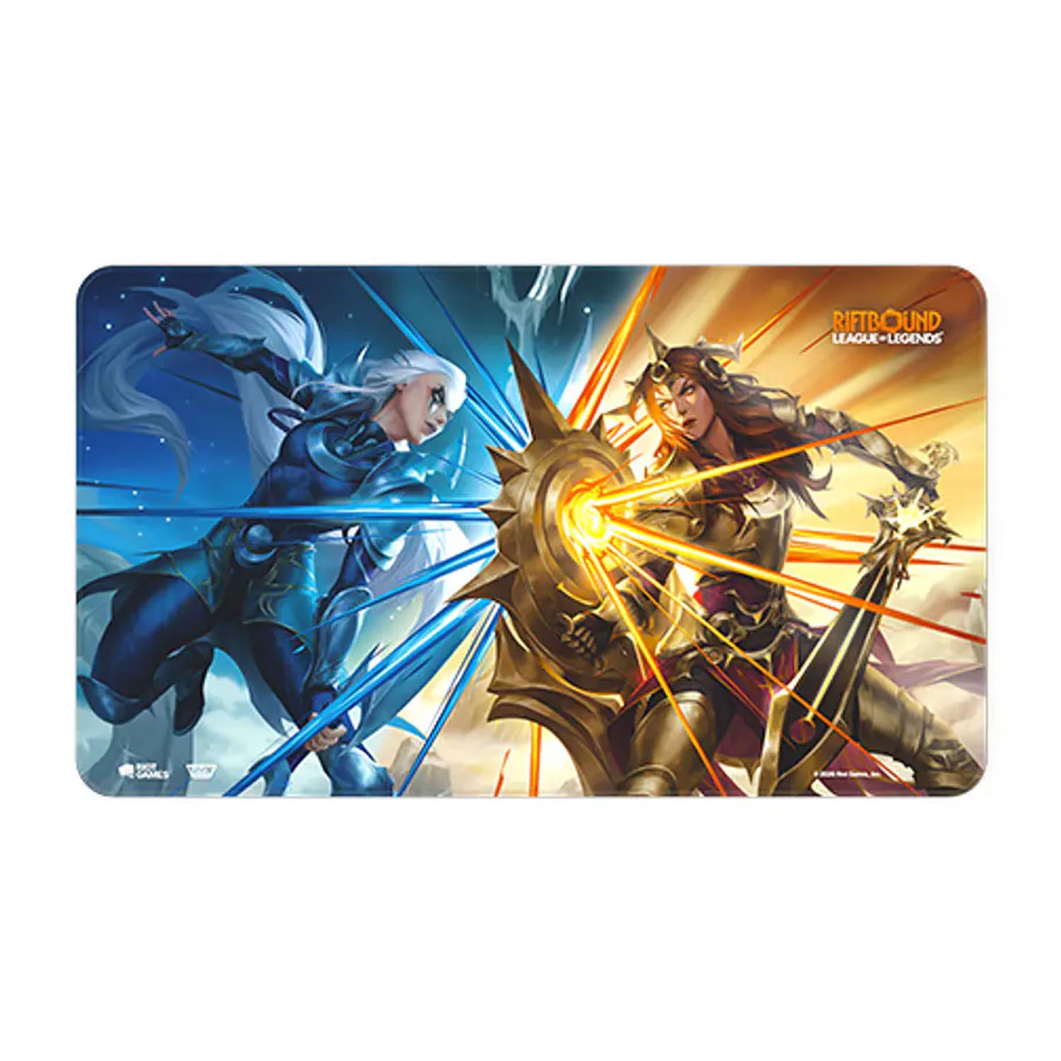 A rectangular gaming playmat featuring League of Legends artwork with two characters facing off in combat, one in blue and one in gold, on a plain white background.