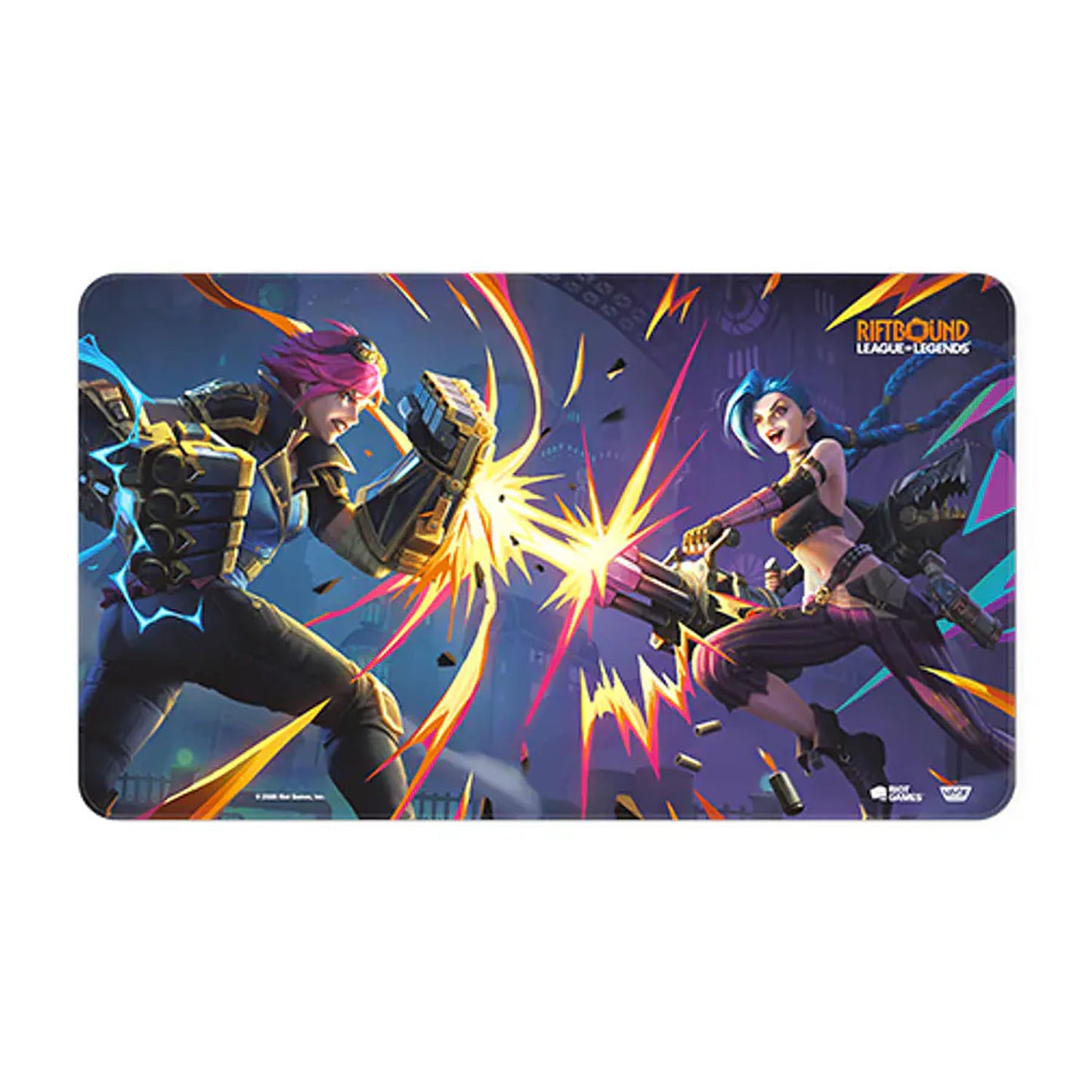 A rectangular gaming playmat featuring a dynamic League of Legends battle scene with Vi and Jinx in combat, surrounded by bright orange and yellow energy effects on a dark purple background. The 'RIFTBOUND' logo is visible in the top right corner.