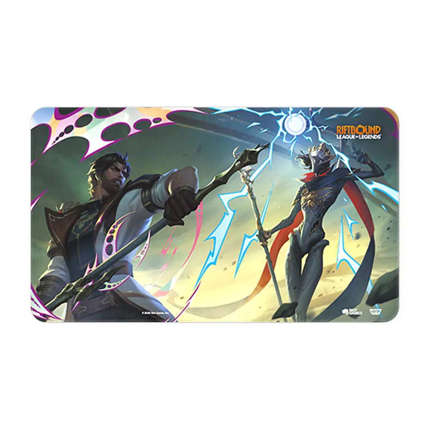 A rectangular League of Legends playmat featuring a dynamic battle illustration of Jayce and Viktor with the 'RIFTBOUND LEAGUE: LEGENDS' logo in the top right corner.