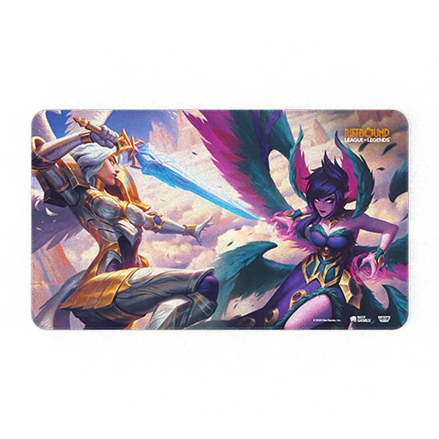 A rectangular gaming playmat featuring League of Legends artwork with Kayle and Morgana in combat, shown on a plain white background.