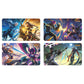 Four rectangular gaming playmat cards arranged in a 2x2 grid on a white background. Each card features colorful illustrated fantasy characters in dynamic poses with bright energy effects.
