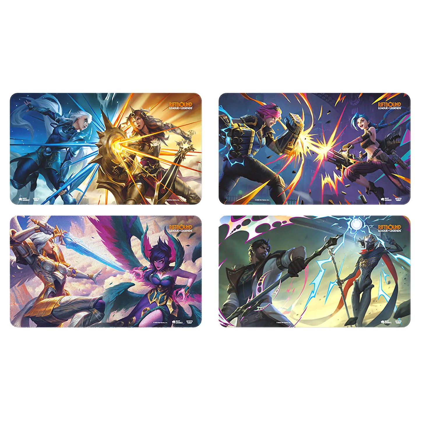 Four rectangular gaming playmat cards arranged in a 2x2 grid on a white background. Each card features colorful illustrated fantasy characters in dynamic poses with bright energy effects.