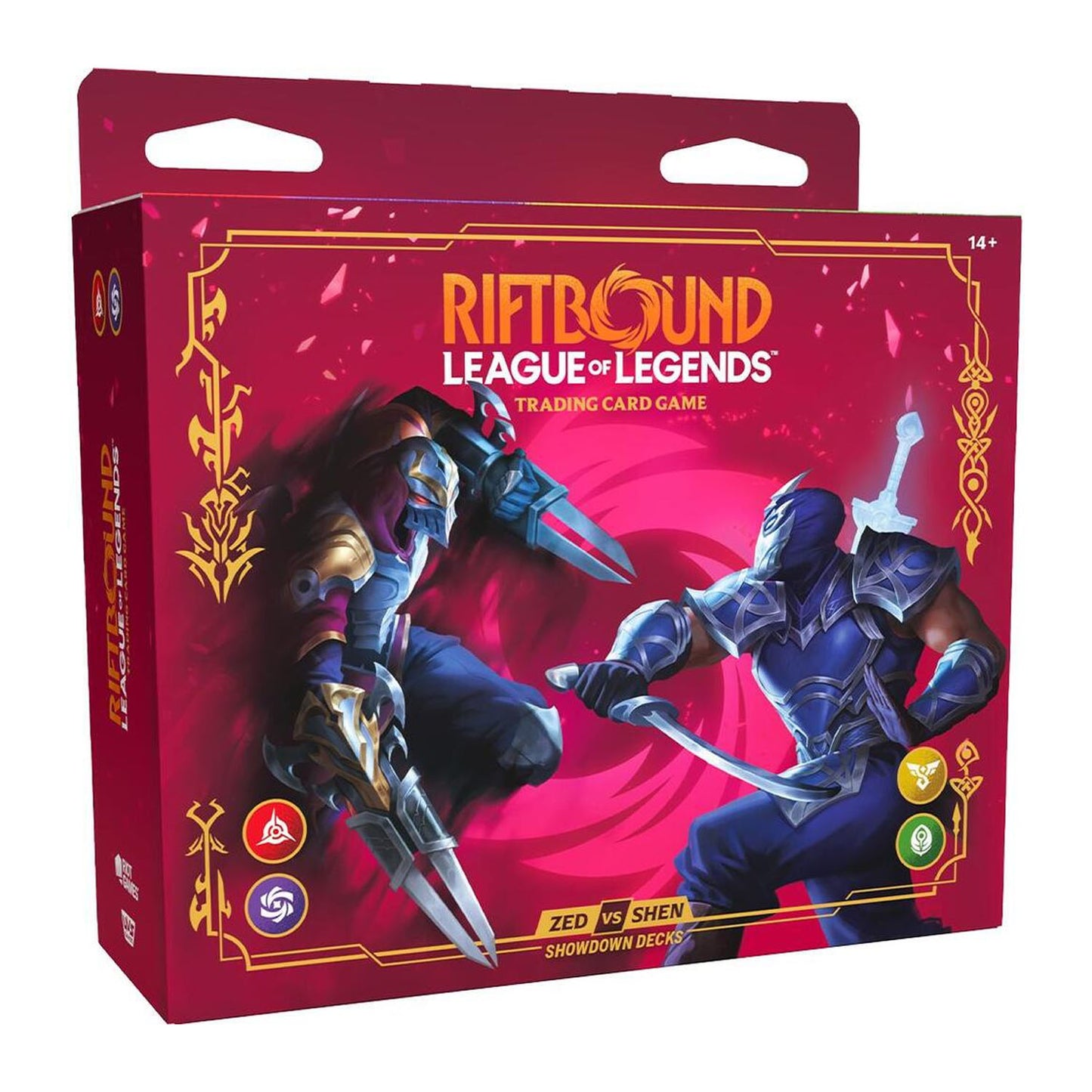 Riftbound League of Legends trading card game box featuring red and magenta packaging with illustrated characters Zed and Shen and gold decorative borders.
