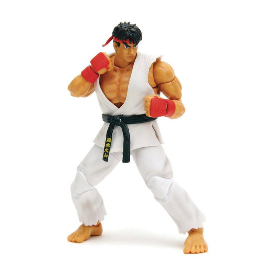 Action figure of Ryu from Street Fighter in a martial arts pose on a white background