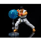 Action figure of Ryu from Street Fighter with a hadouken accessory on a black background