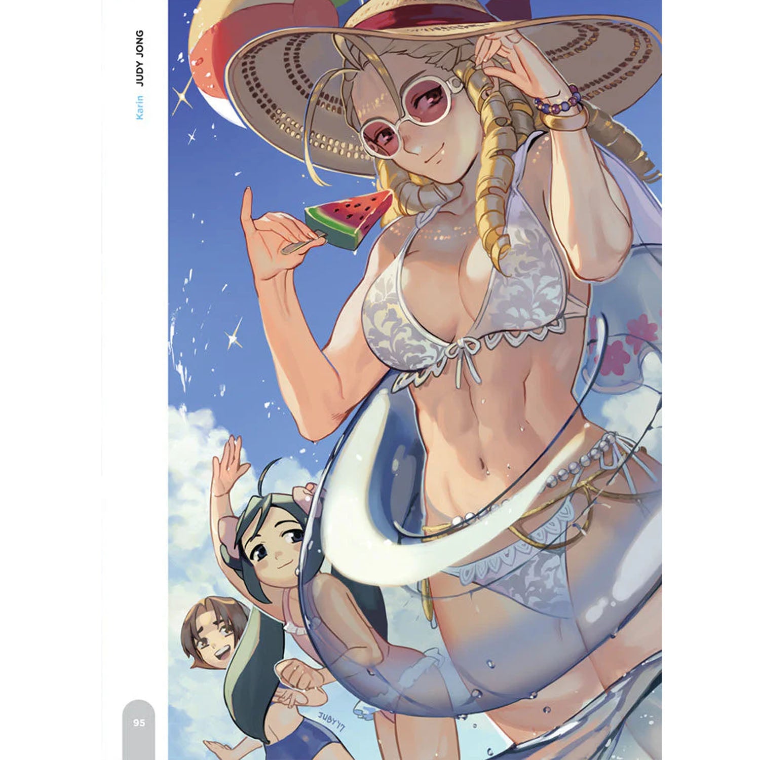 Illustration of a character in a swimsuit with a watermelon slice, surrounded by smaller characters and a blue sky.