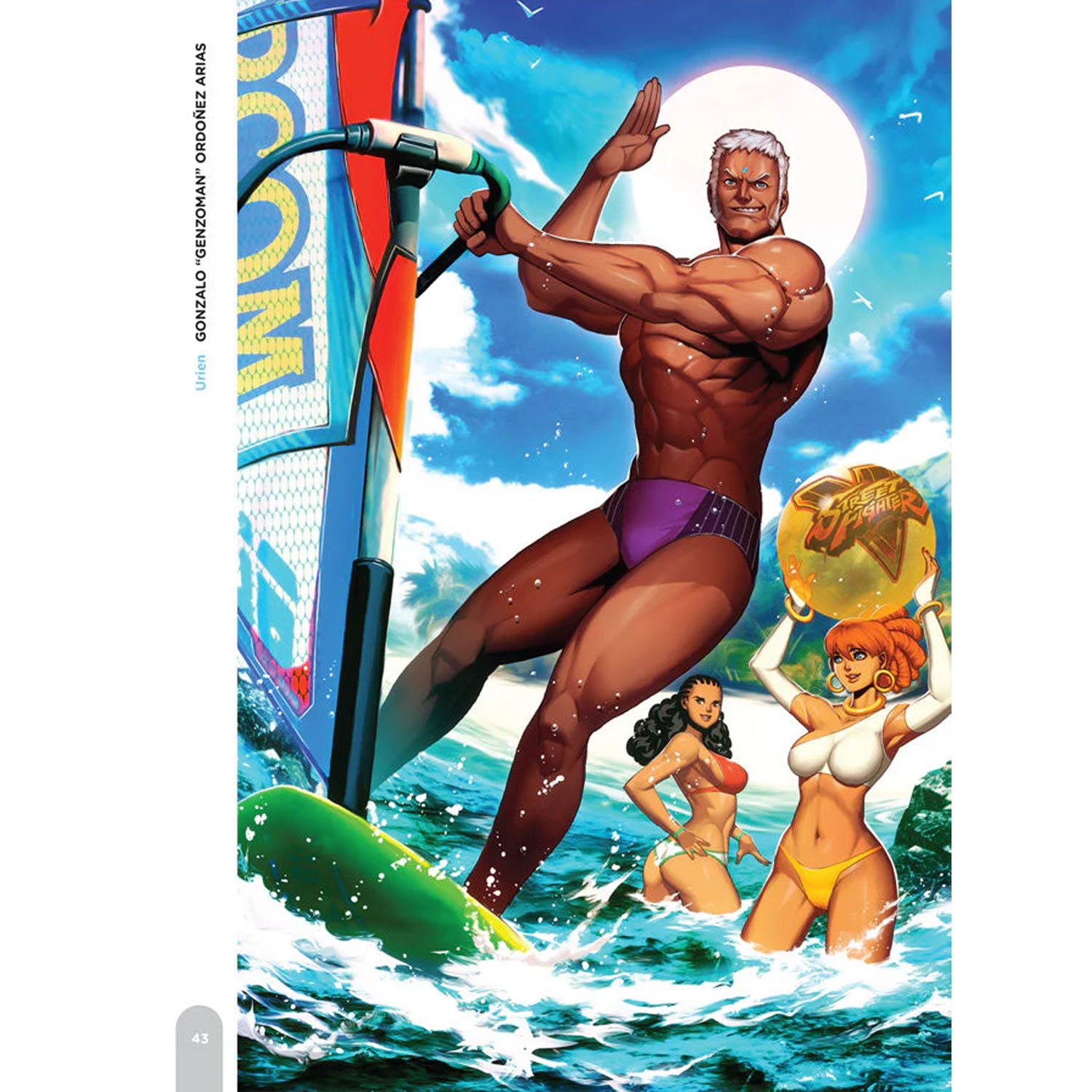 Comic book cover with a muscular character on a surfboard, two women, and a colorful background.