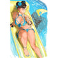 Illustration of a woman in a blue bikini lying on a yellow towel with a shark in the background