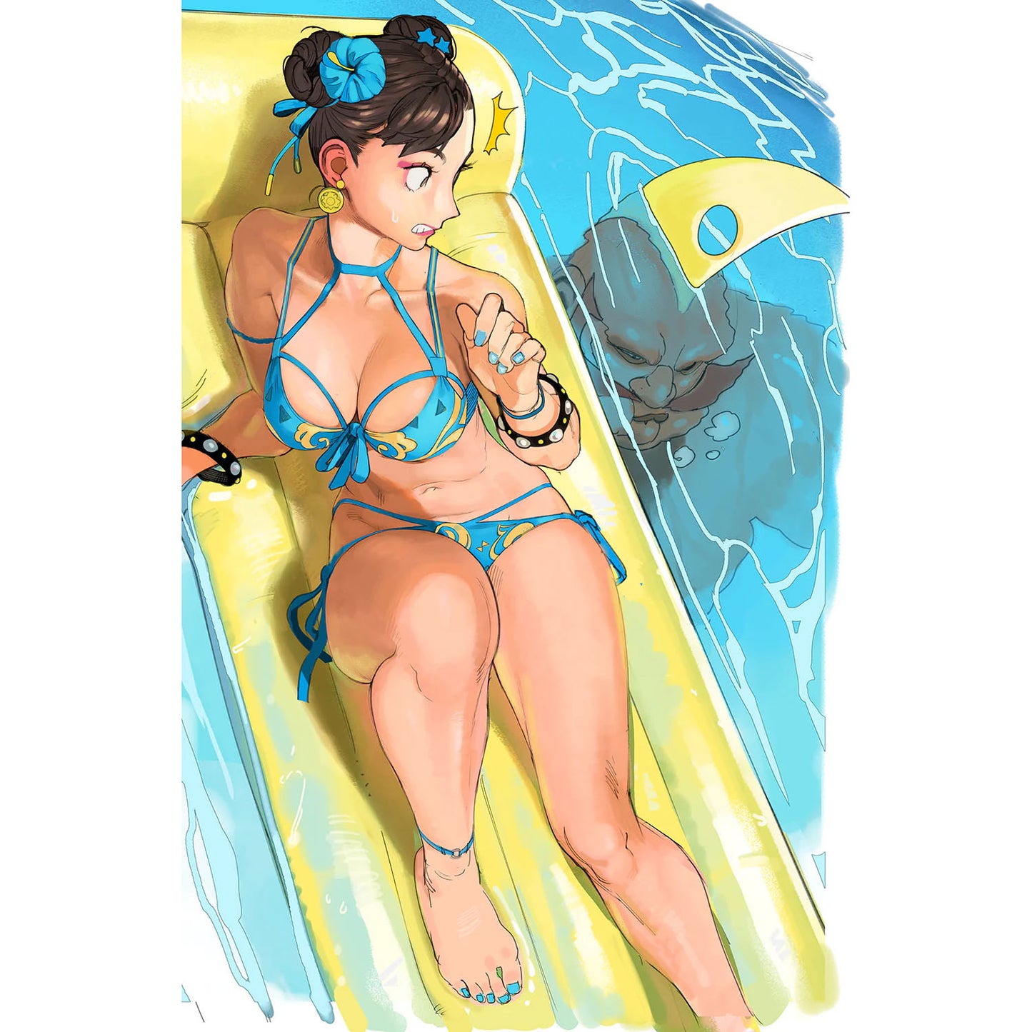 Illustration of a woman in a blue bikini lying on a yellow towel with a shark in the background