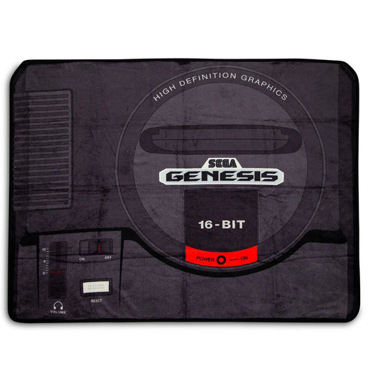 Rectangular black blanket with SEGA Genesis print on a white background. 