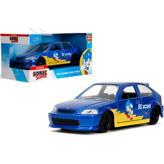 Blue and yellow toy car with Sonic the Hedgehog graphic. 