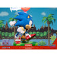 Sonic the Hedgehog figurine with a retro-style background