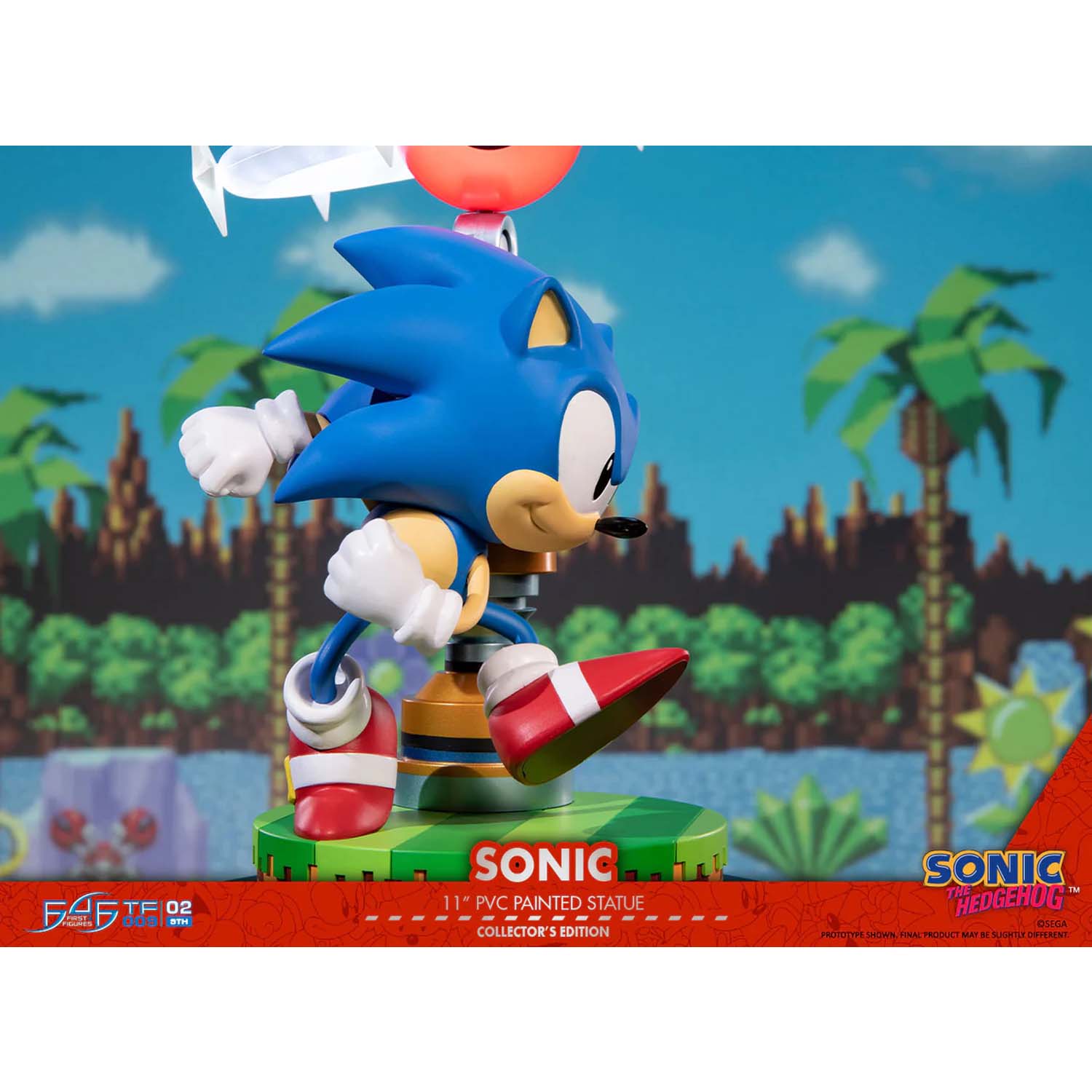 Sonic the Hedgehog figurine with a retro-style background