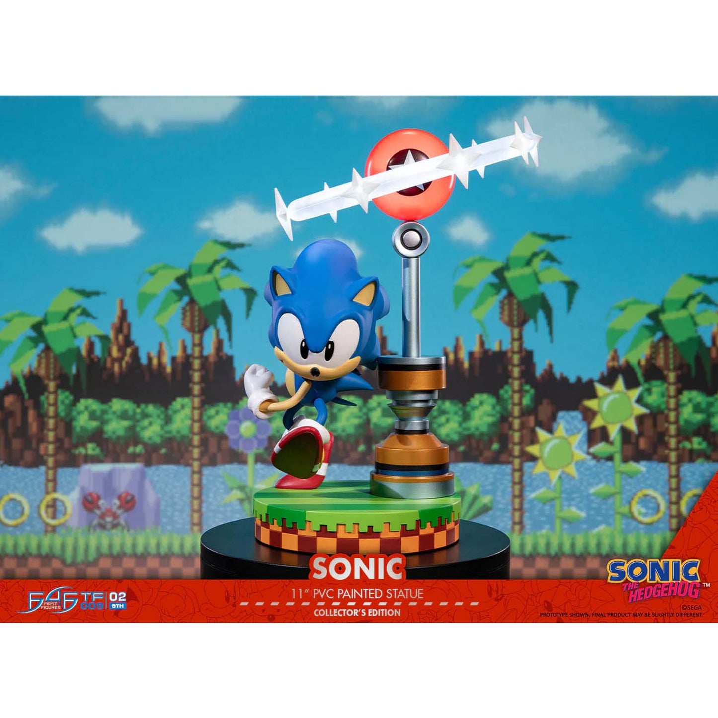 Sonic the Hedgehog figurine with a retro-style background