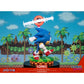 Sonic the Hedgehog figurine with a retro-style background