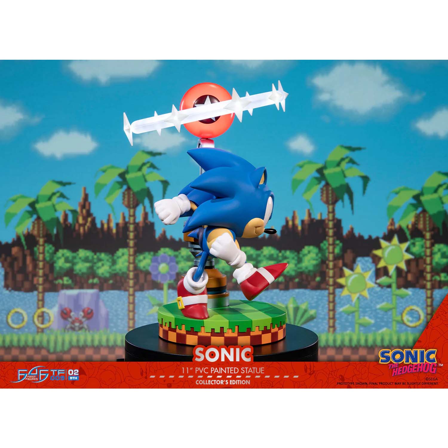 Sonic the Hedgehog figurine with a retro-style background