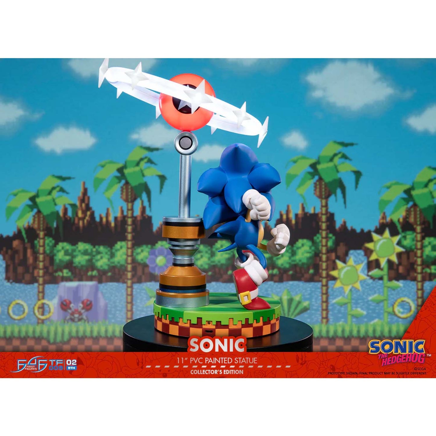 Sonic the Hedgehog figurine with a retro-style background