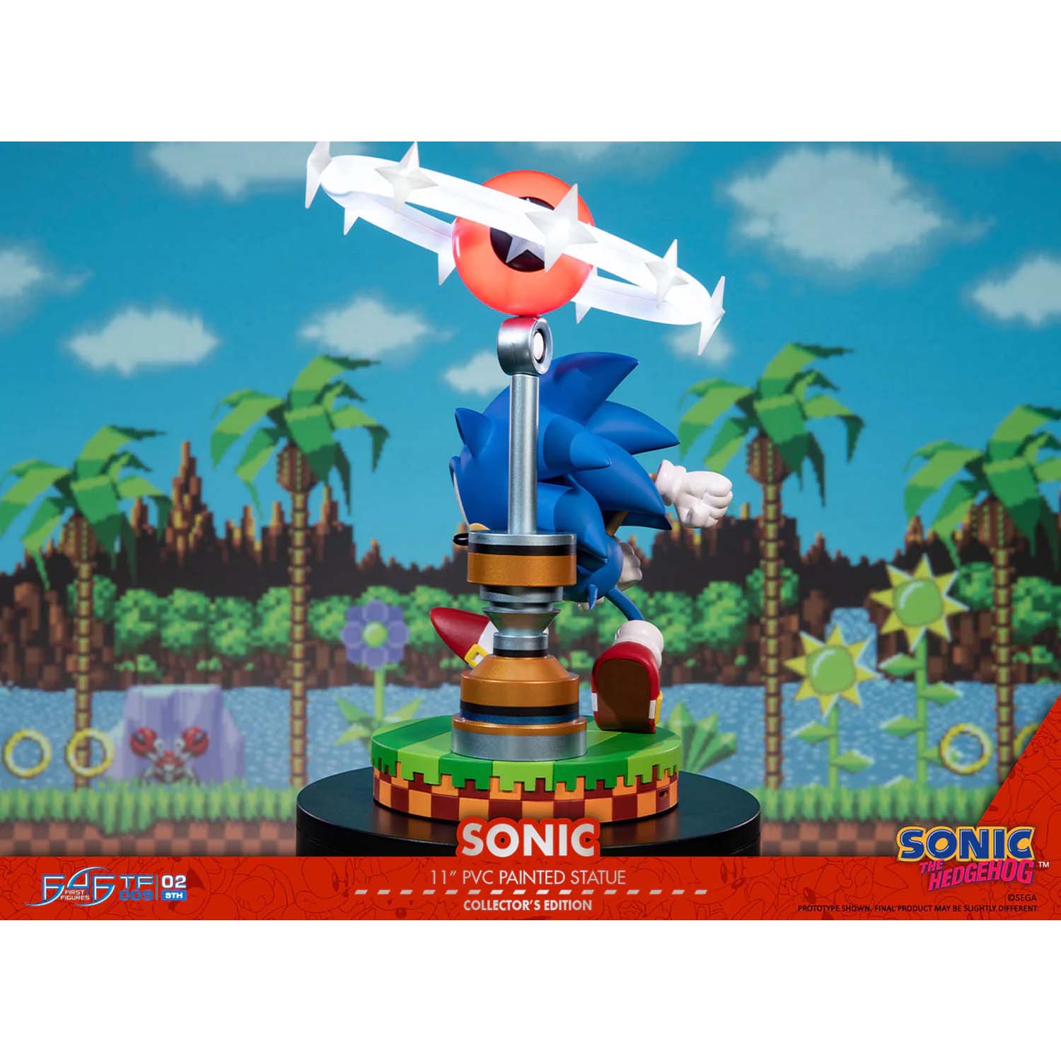 Sonic the Hedgehog figurine with a retro-style background