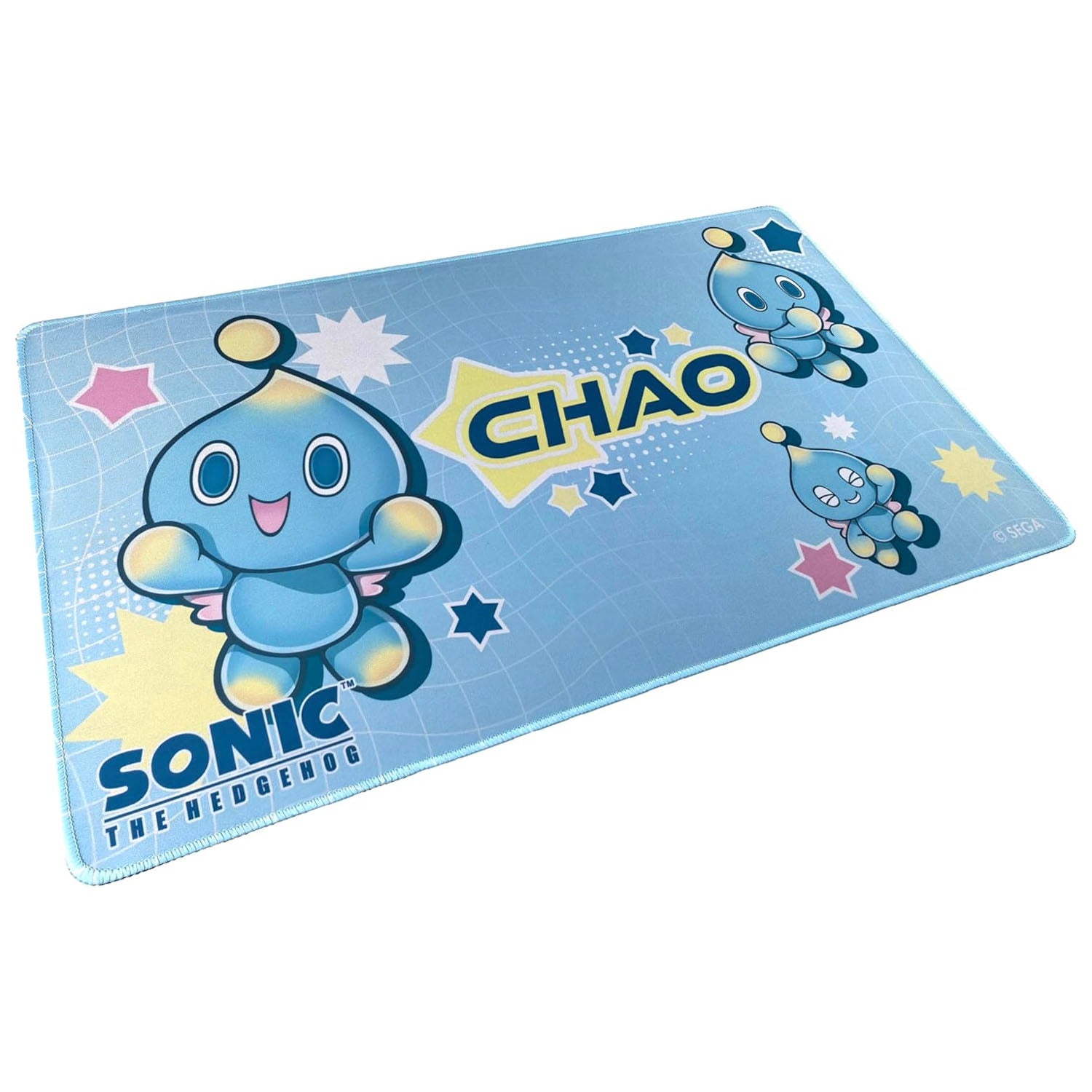 Blue gaming mat with 'Chao' character and 'Sonic the Hedgehog' branding on a white background