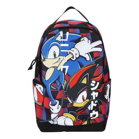 A backpack featuring Sonic the Hedgehog and Shadow the Hedgehog character artwork, shown against a plain white background.