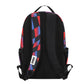A black backpack shown from the back, featuring a geometric pattern of red, blue, and purple triangles on the side panels and a white 'SONIC' brand patch on the back strap.