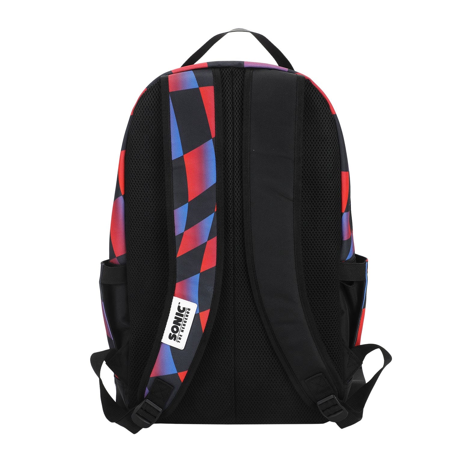 A black backpack shown from the back, featuring a geometric pattern of red, blue, and purple triangles on the side panels and a white 'SONIC' brand patch on the back strap.