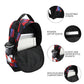 A black backpack with red, blue, and purple geometric pattern accents, shown open with a laptop inside and surrounded by callout circles highlighting features like adjustable straps, interior laptop sleeve, elastic side water bottle pockets, and spacious main compartment.