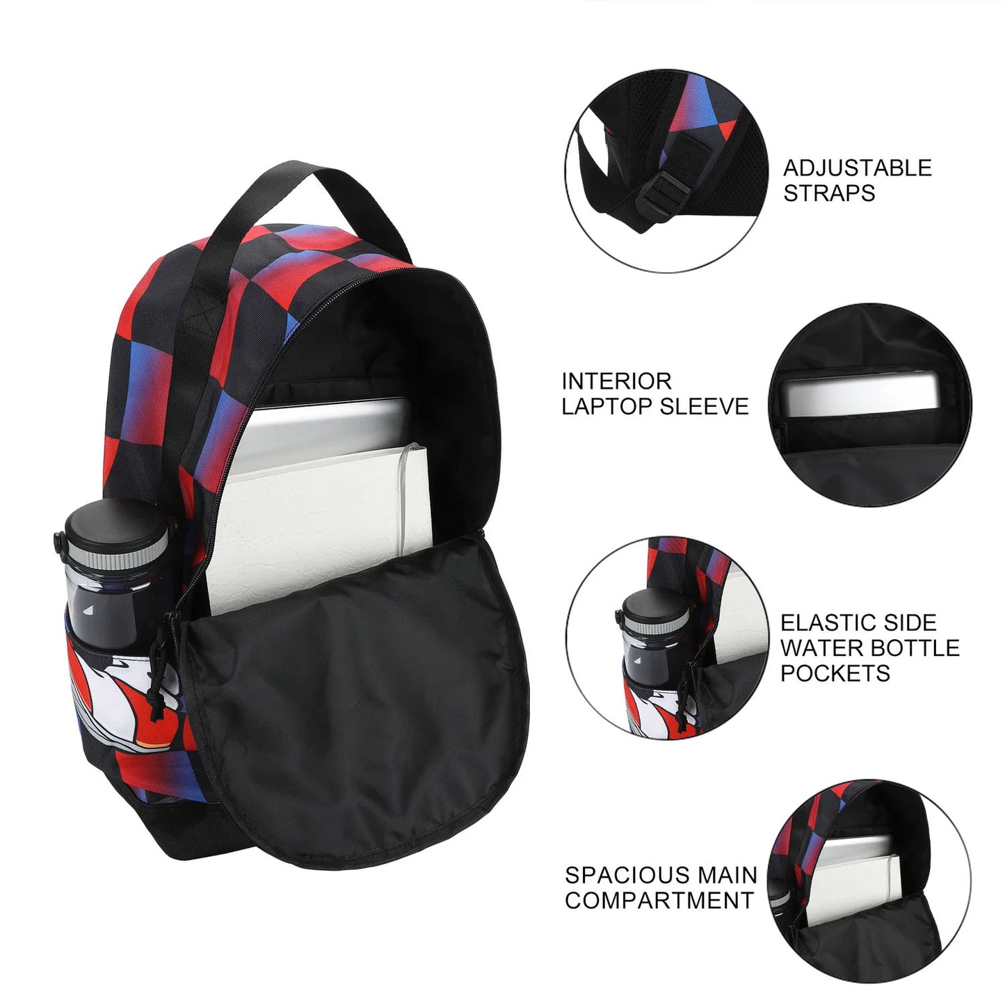 A black backpack with red, blue, and purple geometric pattern accents, shown open with a laptop inside and surrounded by callout circles highlighting features like adjustable straps, interior laptop sleeve, elastic side water bottle pockets, and spacious main compartment.
