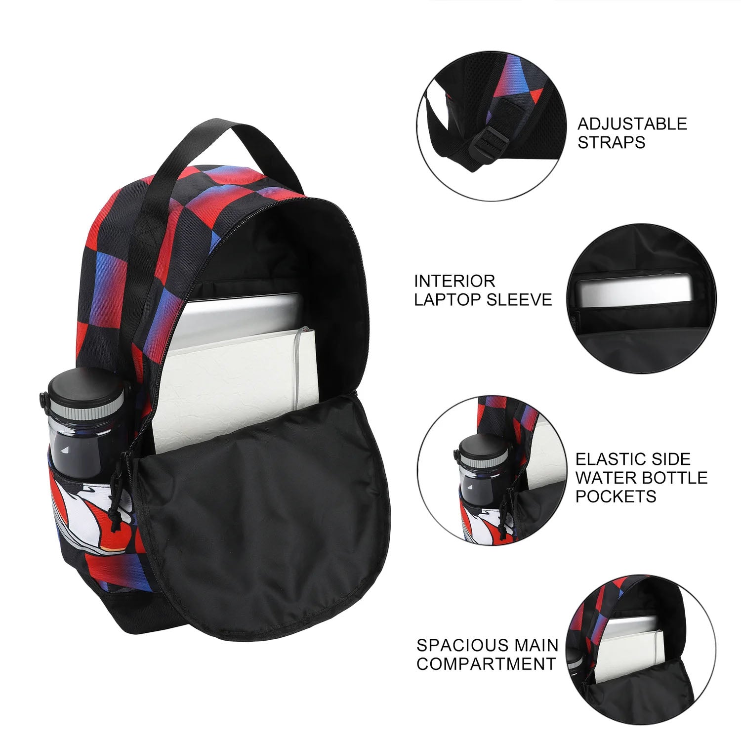 A black backpack with red, blue, and purple geometric pattern accents, shown open with a laptop inside and surrounded by callout circles highlighting features like adjustable straps, interior laptop sleeve, elastic side water bottle pockets, and spacious main compartment.