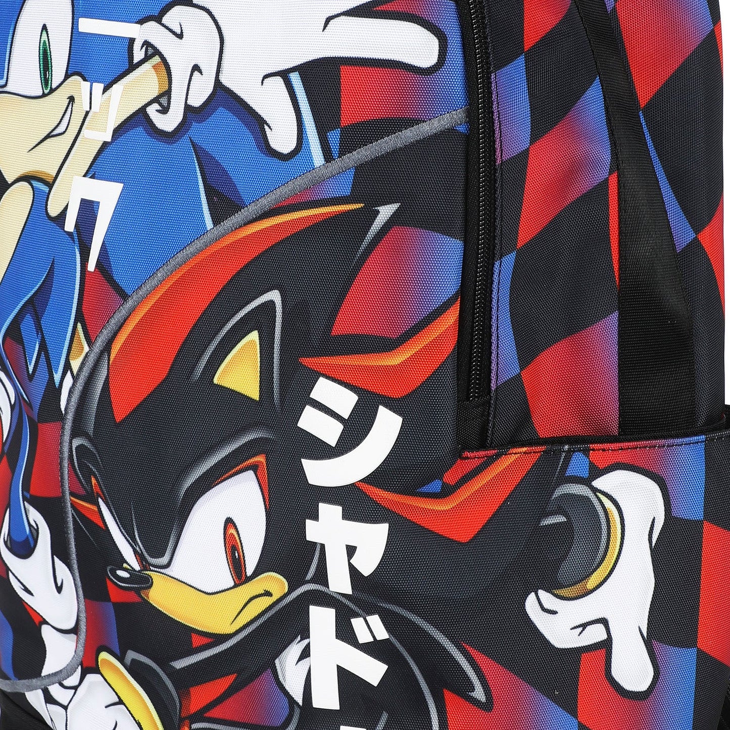 Close-up of a backpack featuring Sonic the Hedgehog and Shadow the Hedgehog artwork, with a black zipper pocket and bold red, blue, black, white, and yellow graphic print.