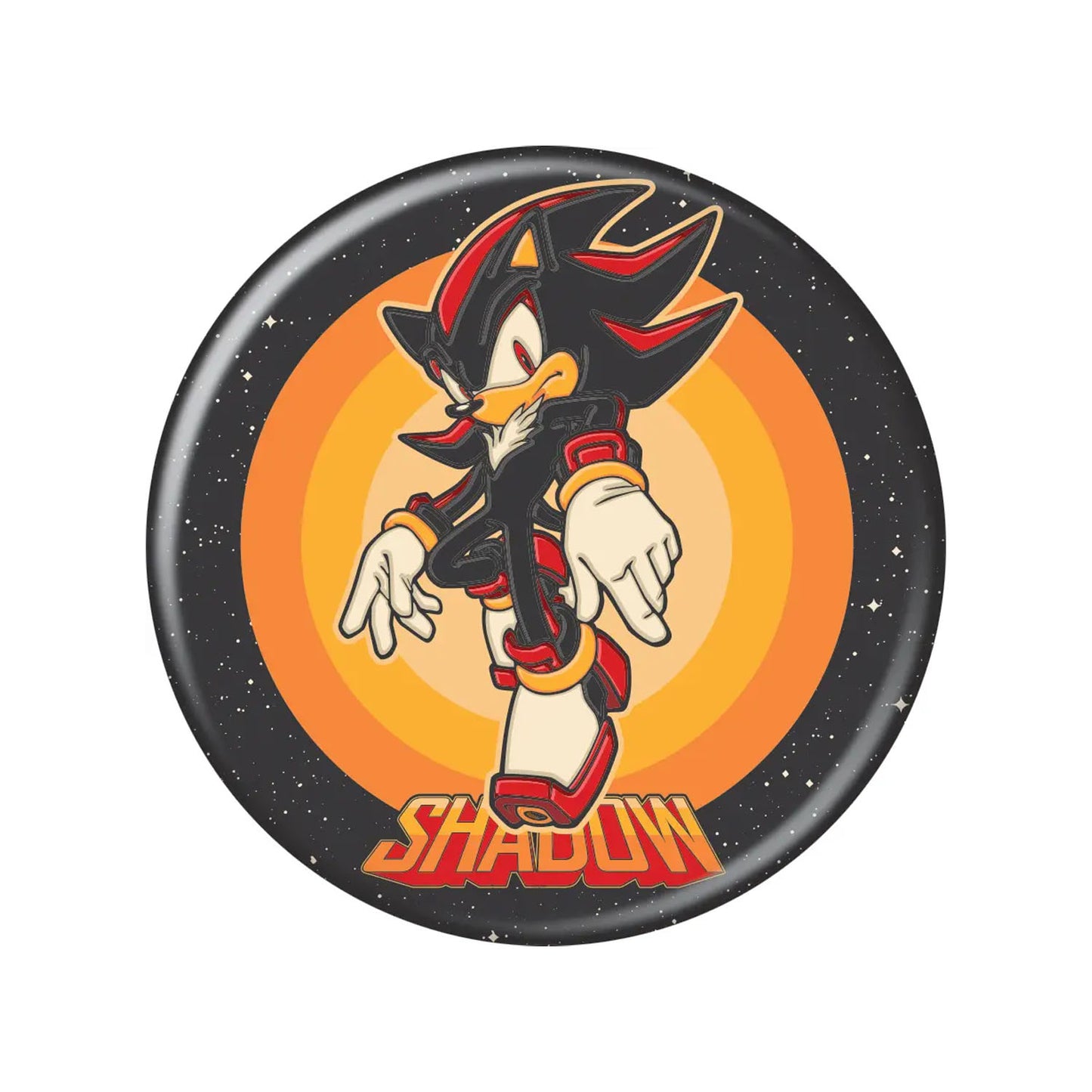 Shadow the Hedgehog button with black galaxy and orange background pattern. 