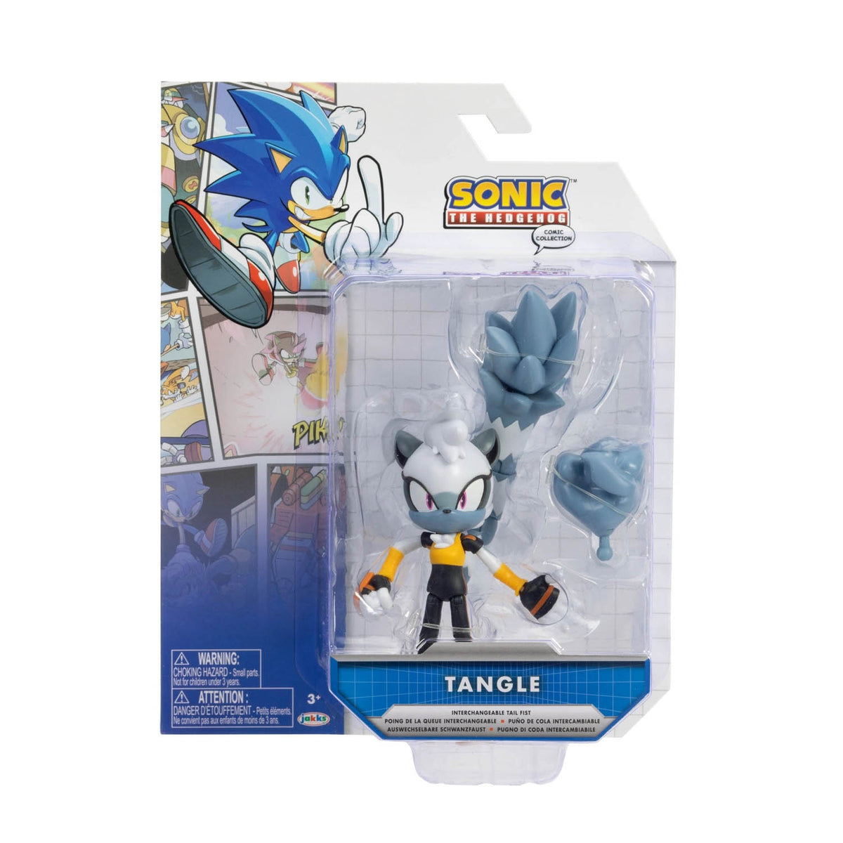Tangle figure in blister style packaging with graphic of Sonic the Hedgebog on the front. She wears a yellow and black outfit with grey and white striped tail.