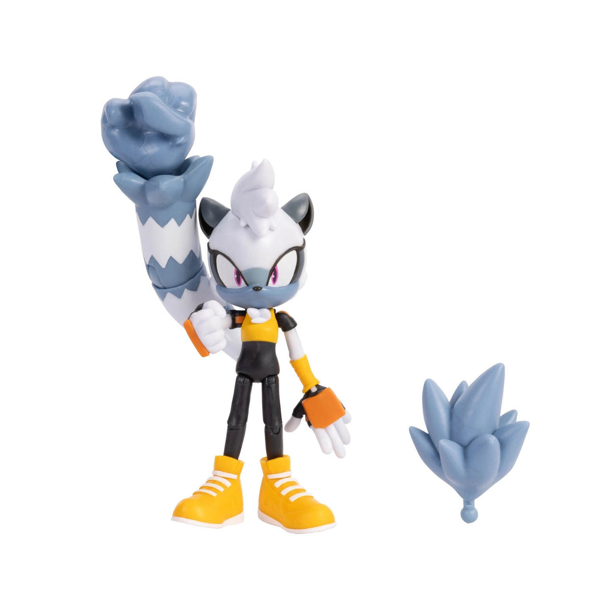 A stylized action figure of Tangle from the Sonic franchise shown standing on a white background with a long white and grey tail and extra tail accessory. 