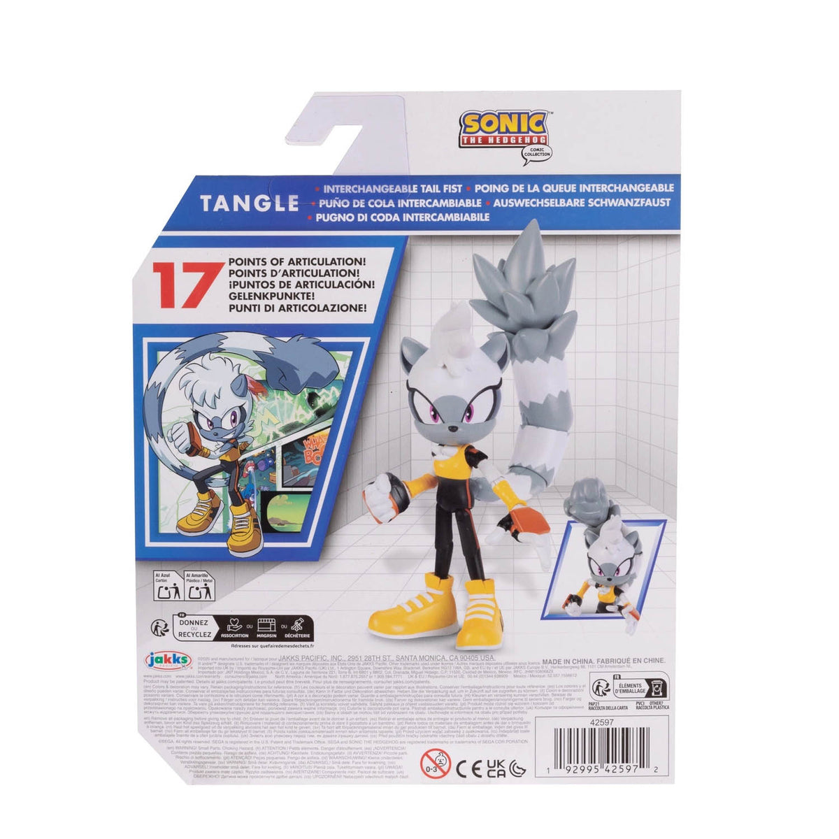 Sonic Universe Tangle figure in its original retail packaging, featuring a grey and white lemur character with yellow sneakers and black pants.
