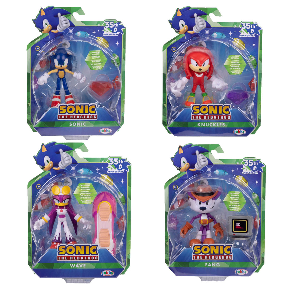 Four Sonic the Hedgehog action figure packages arranged in a 2x2 grid on a white background, featuring Sonic, Knuckles, Wave, and Fang in their retail blister packaging.