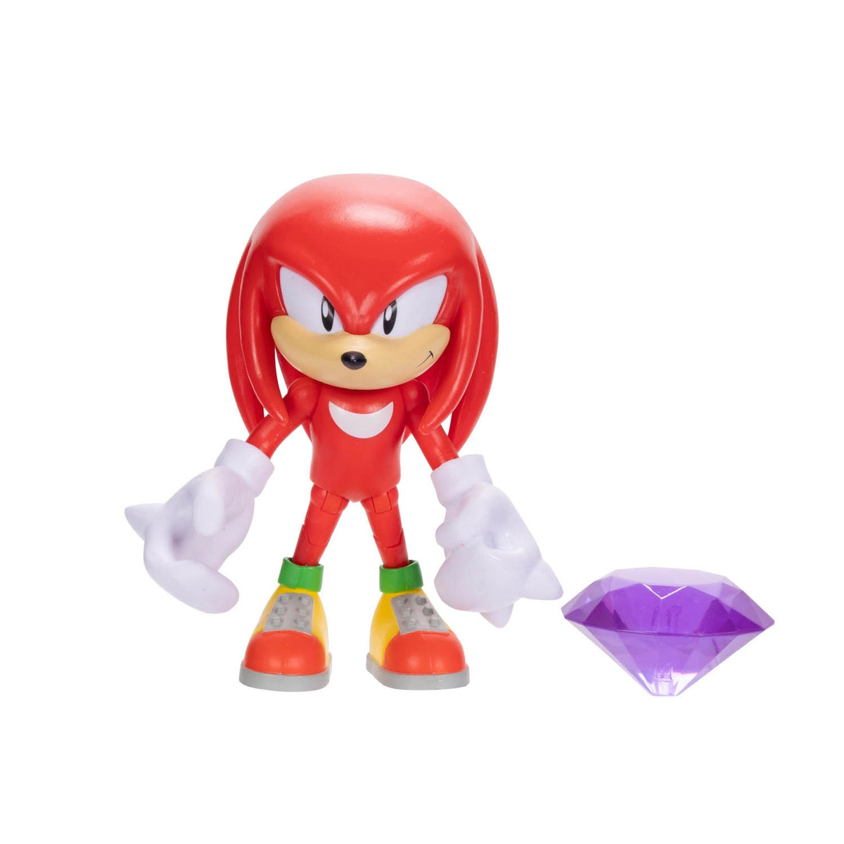 A red Knuckles action figure with white gloves, green and orange sneakers, and a separate translucent purple gem accessory on a plain white background.