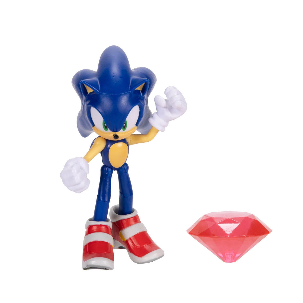 A Sonic the Hedgehog action figure standing on a white background, shown alongside a small translucent red gem accessory.