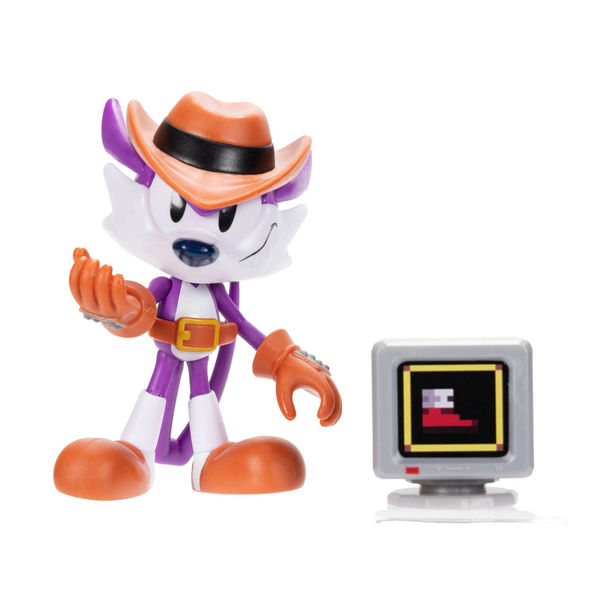 A Fang action figure wearing a brown cowboy hat and boots, posed next to a small retro computer monitor on a plain white background.