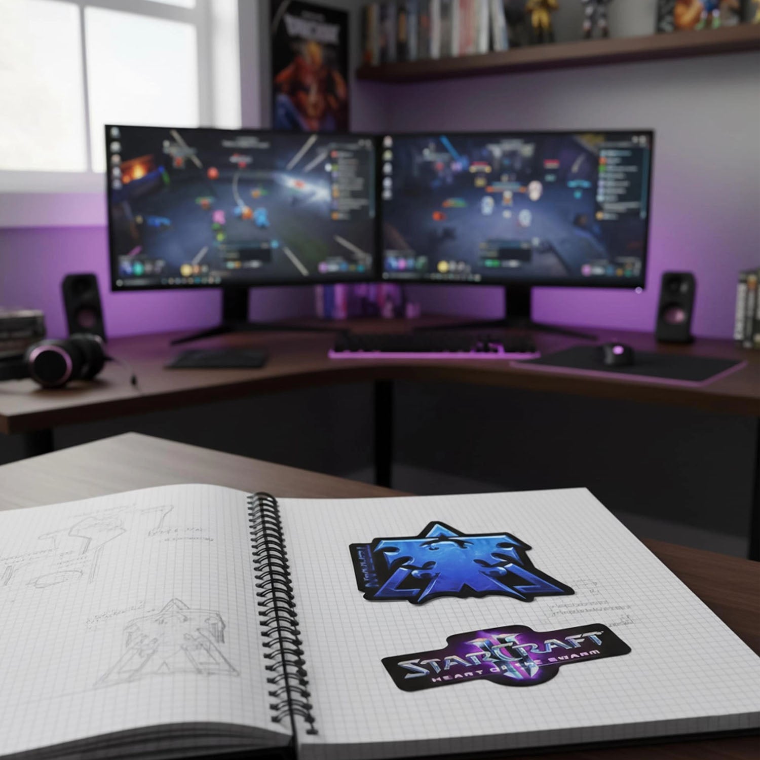 StarCraft II stickers on a graph paper notebook with desk in the back