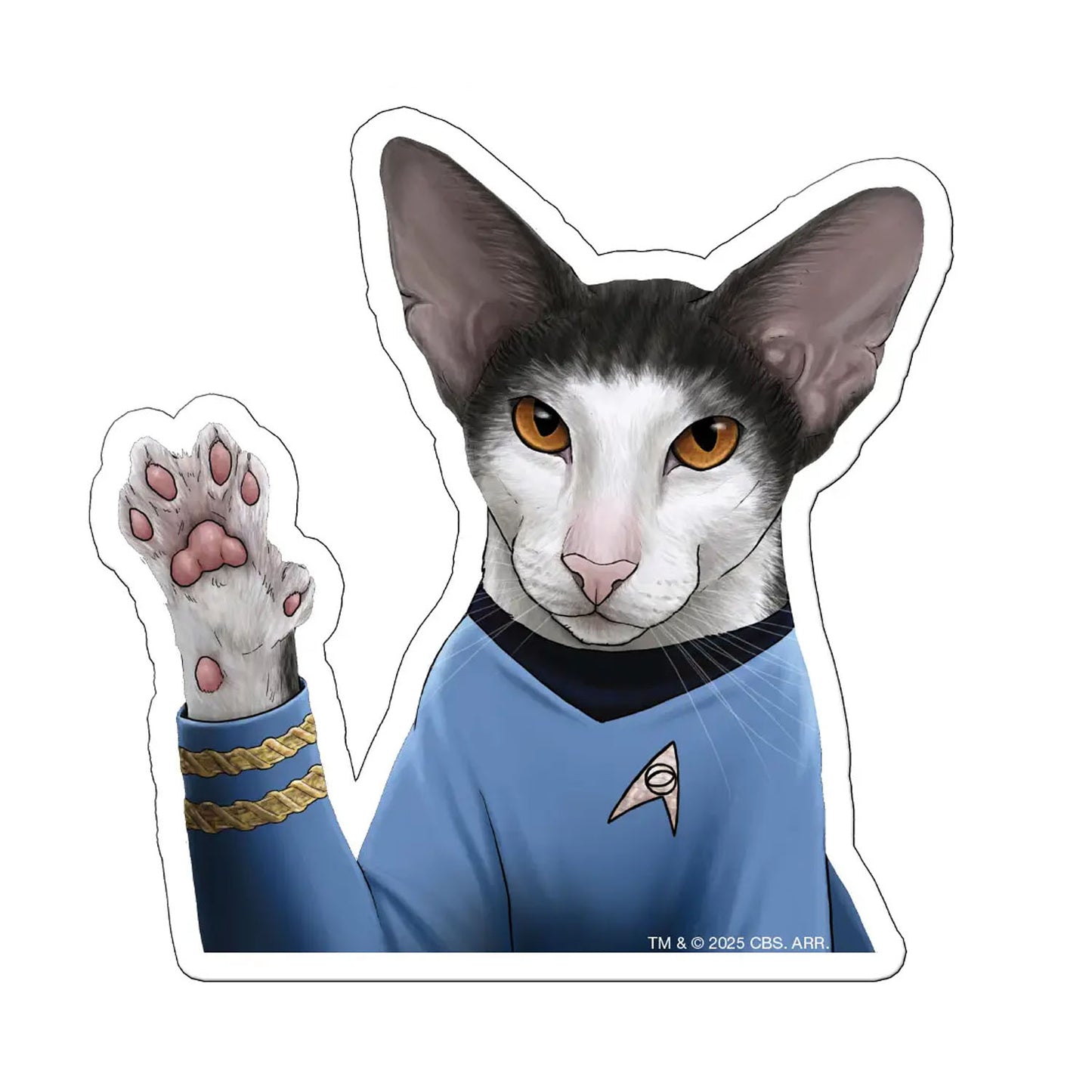 Star Trek Cat Spock sticker raising it's paw wearing a blue uniform. 