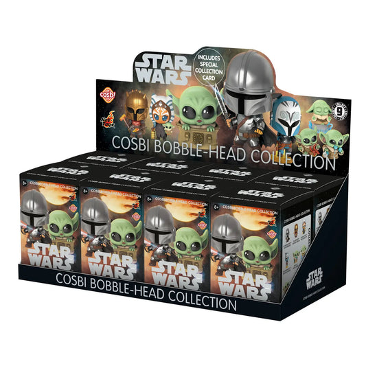 Case of Star Wars themed bobblehead figure boxes with Grogu and other characters from the Mandalorian. 
