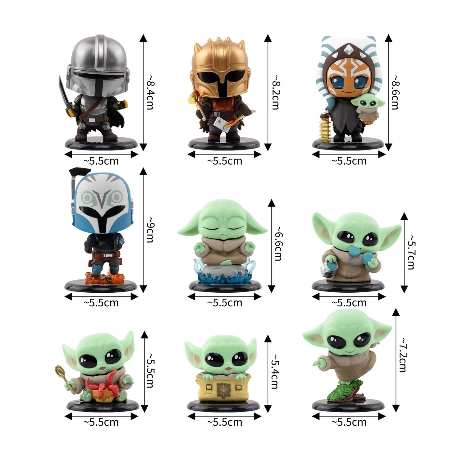 Star Wars themed bobblehead figures with Grogu and other characters from the Mandalorian. 
