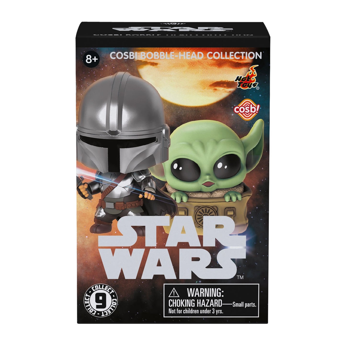 Packaging box with Grogu and other characters from the Mandalorian as bobblehead figurines. 