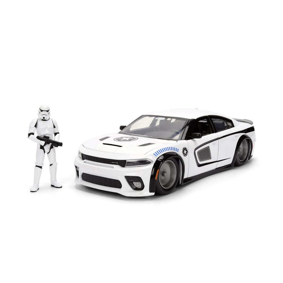 Dodge Charge die-cast model done in black and white to match included Stormtrooper figure. 