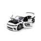 White and black die-cast model vehicle with doors, hood, and trunk open on a white background. 
